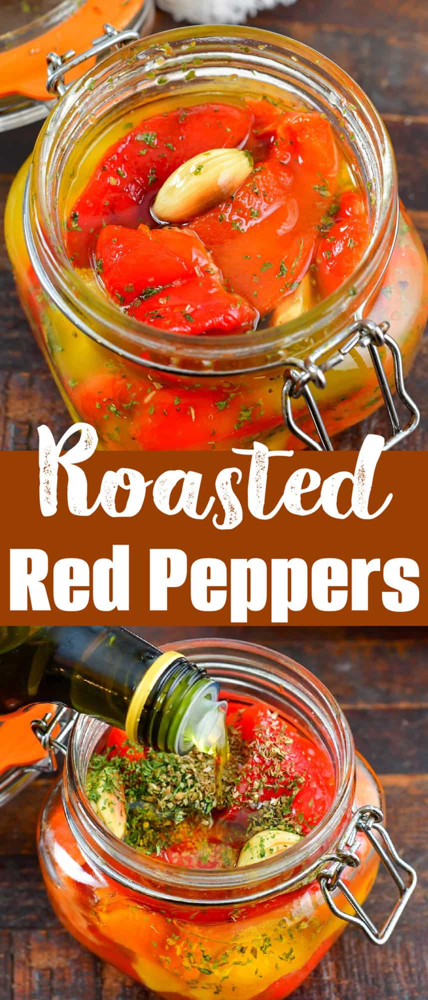 collage of two closeup images of roasted peppers in a jar