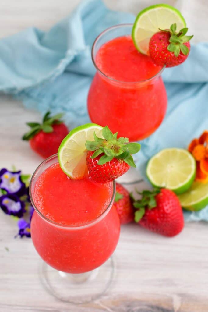 top view of the strawberry daiquiris in a glass