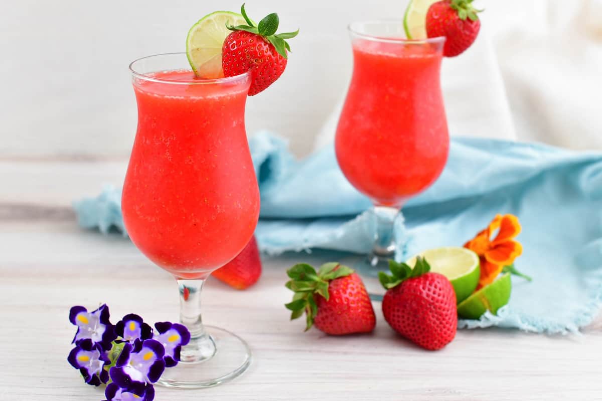 closeup of strawberry daiquiri in a glass