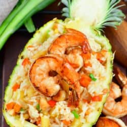 top view of pineapple fried rice topped with shrimp