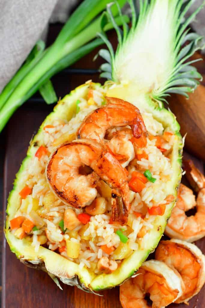 top view of pineapple fried rice topped with shrimp