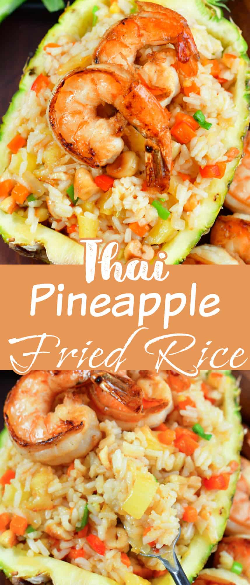 collage of two images of pineapple fried rice close up