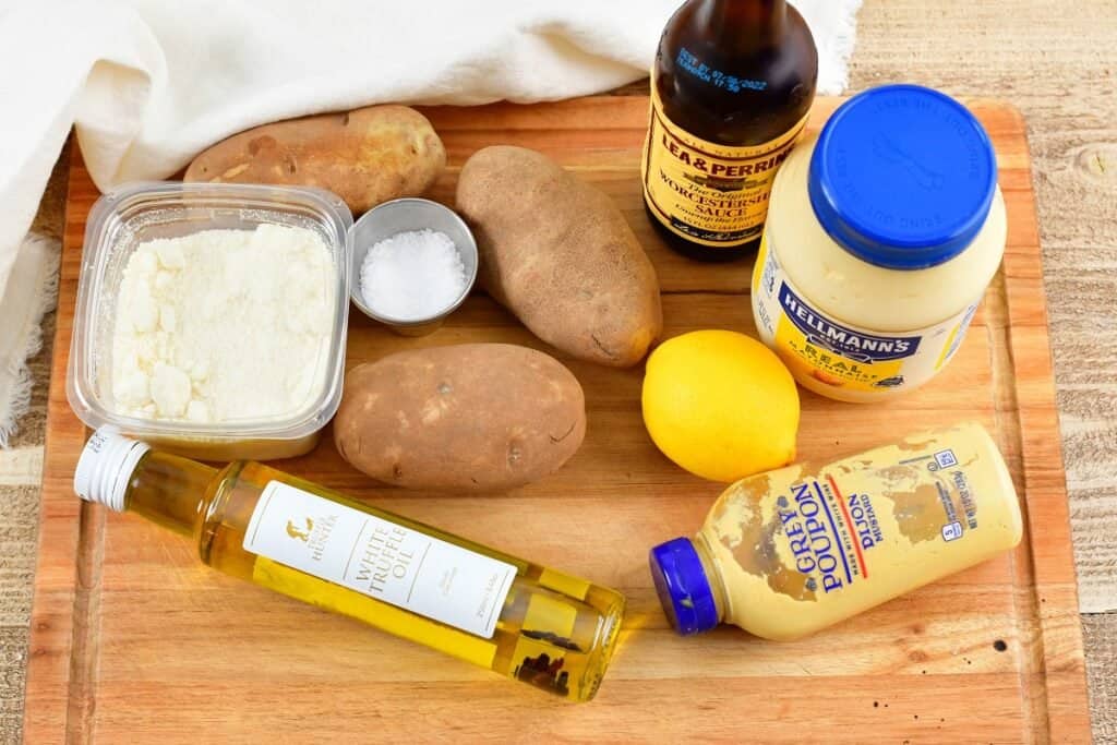 ingredients for truffle fries in aioli on the board