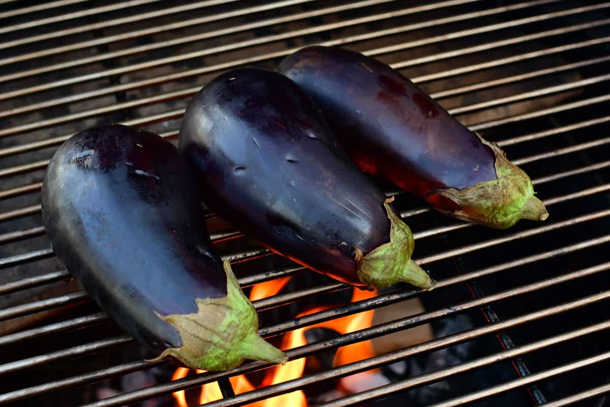 three eggplants roasting on the grill