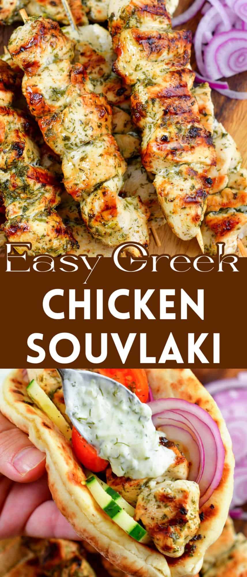 grilled chicken souvlaki skewers collage with chicken in pita