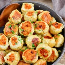 top view of cooked chicken meatballs in a bowl