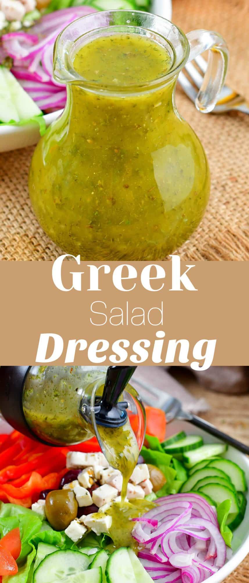 collage of Greek dressing up close and on the salad