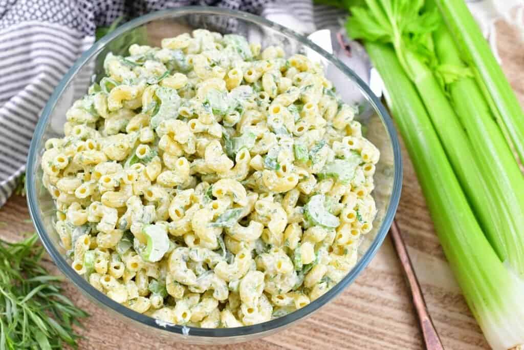 closeup of green goddess macaroni salad in a bowl