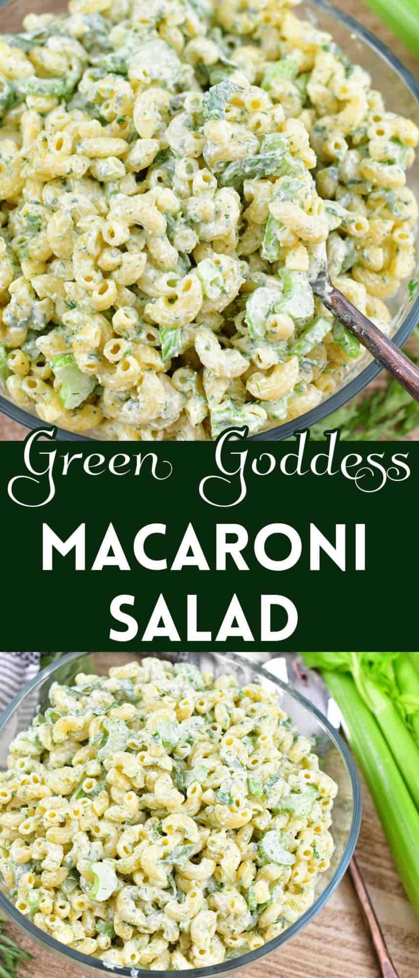 collage of two closeup images of macaroni salad and title