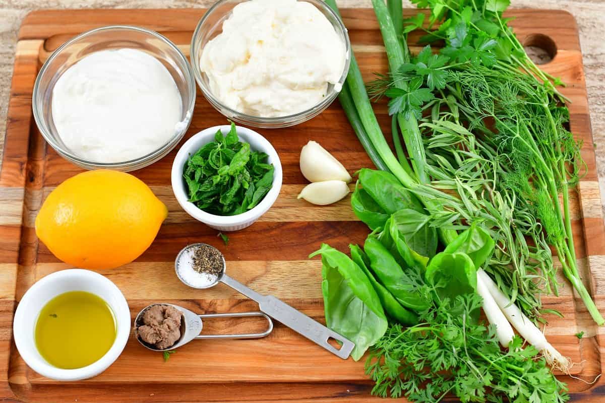 ingredients for the green goddess pasta salad dressing