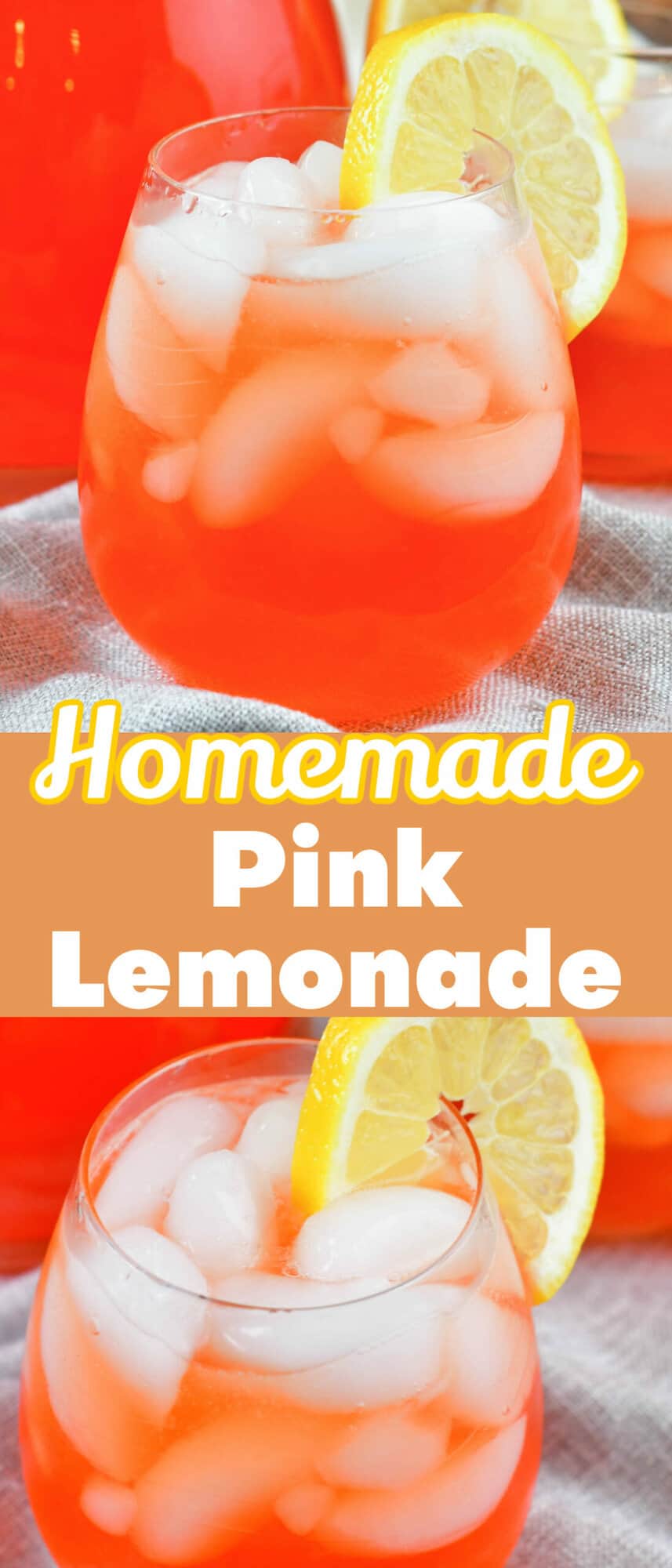 collage of two closeup images of pink lemonade in a glass