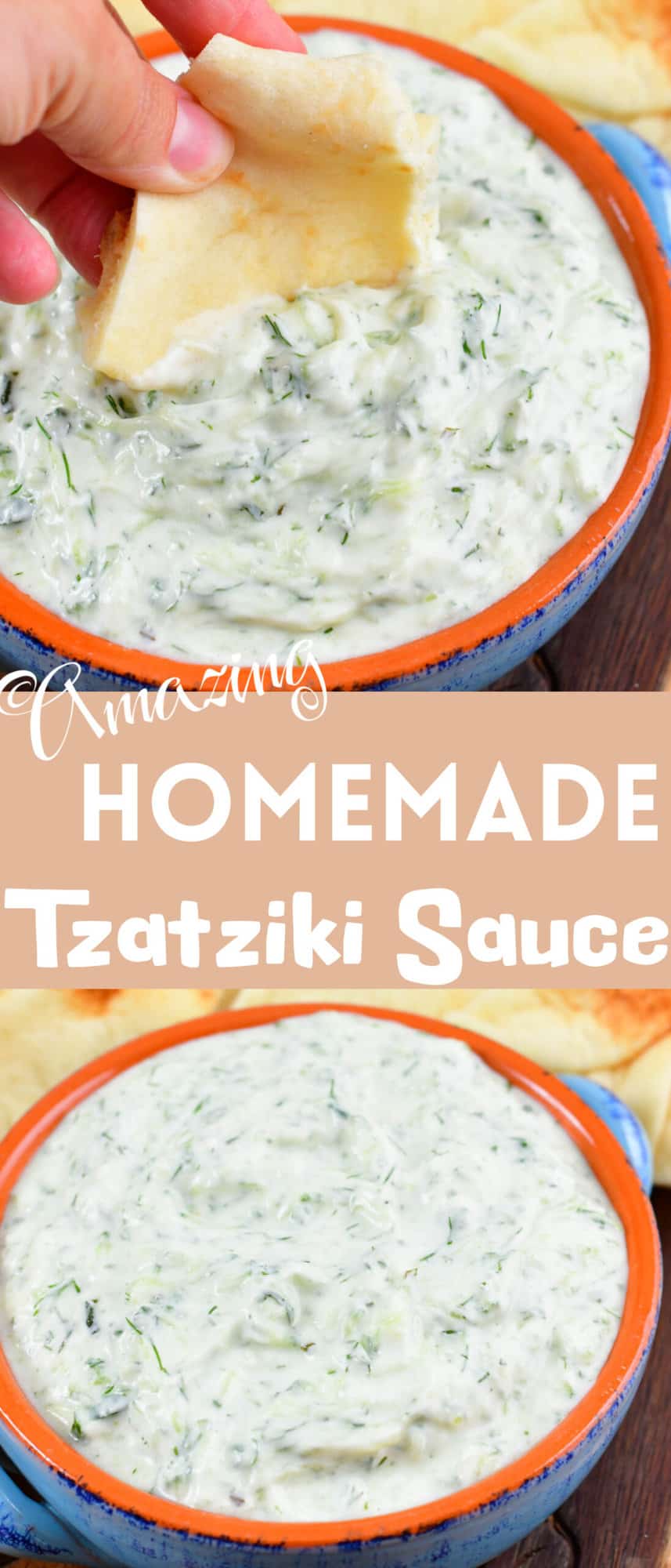 collage of two closeup images of tzatziki sauce and title