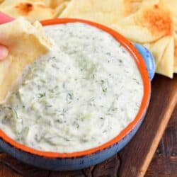 closeup of dipping into the tzatziki sauce with pita