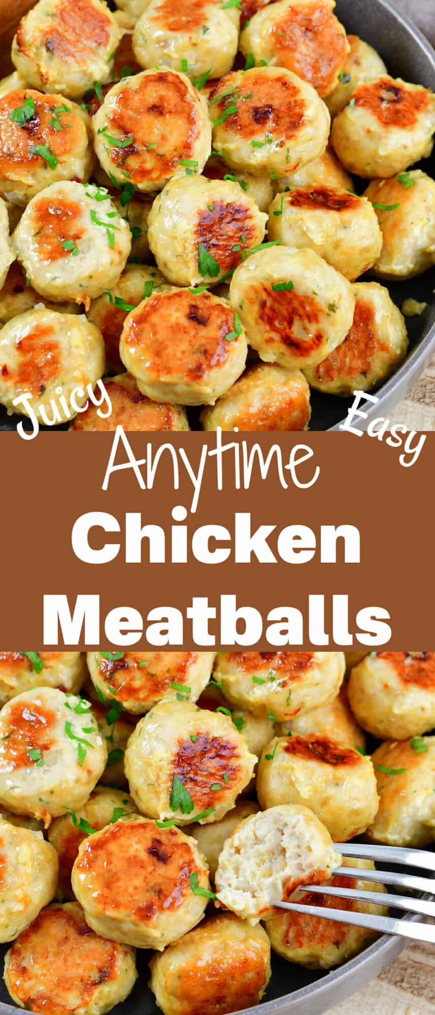 collage of two closeup images of chicken meatballs and one in half
