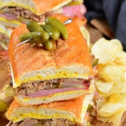 top view of stacked Cuban sandwich halves