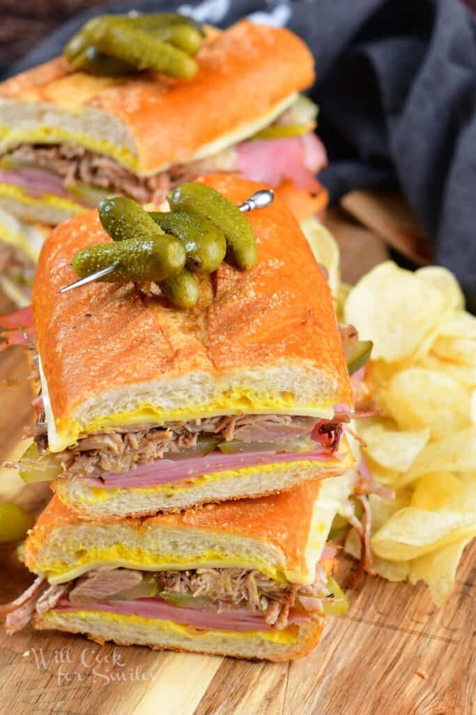 top view of stacked Cuban sandwich halves