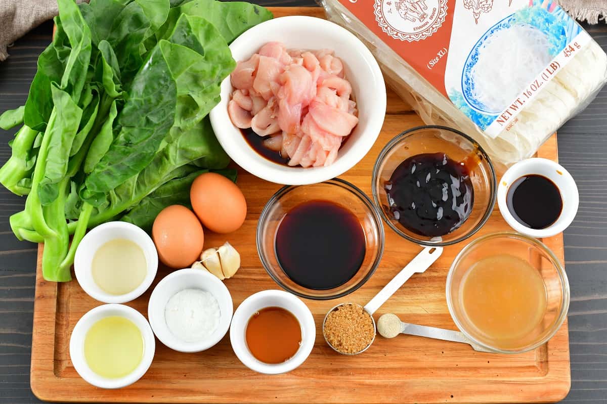 ingredients for pad see ew on the cutting board