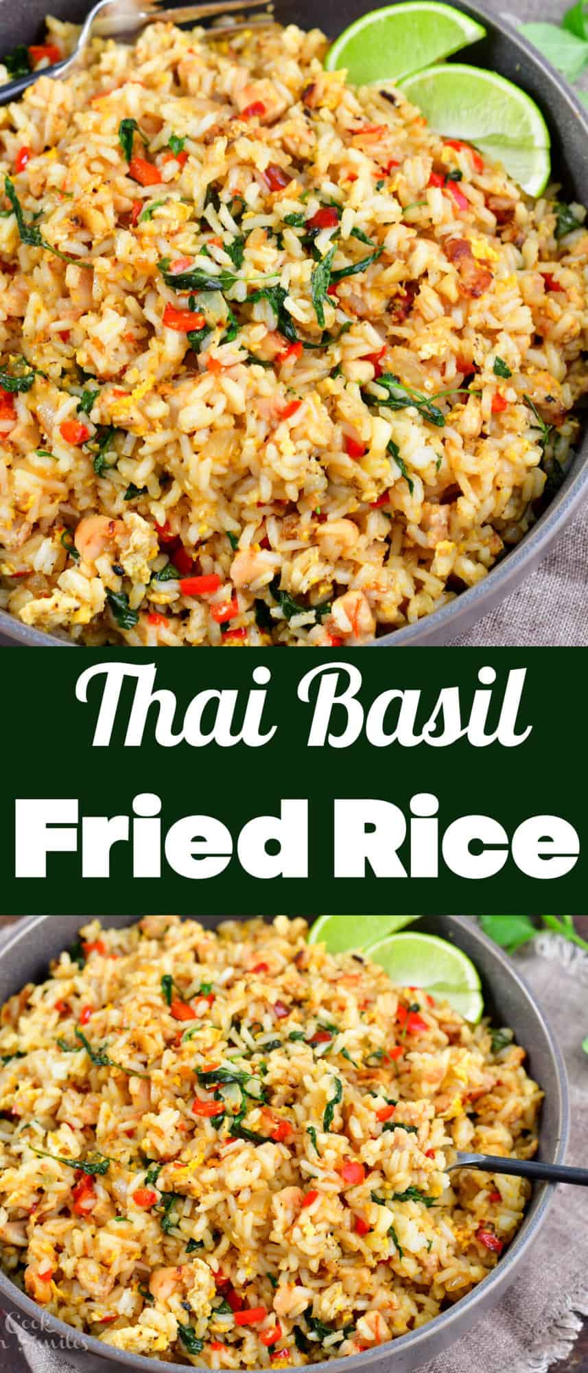 collage of two basil fried rice images close up with title