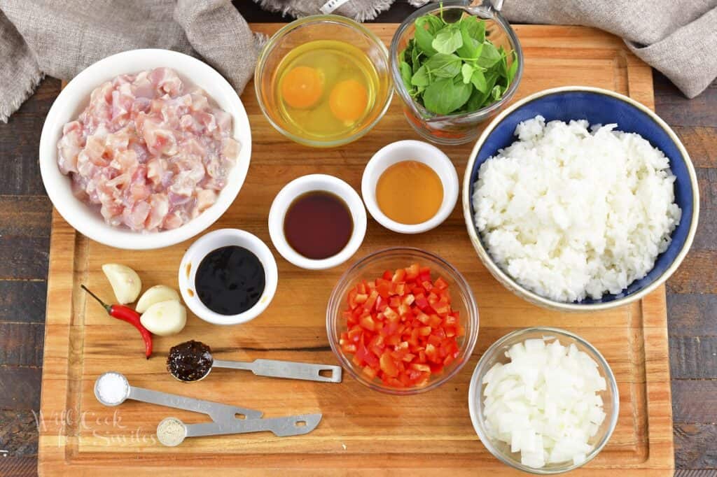 ingredients to make Thai basil fried rice on board