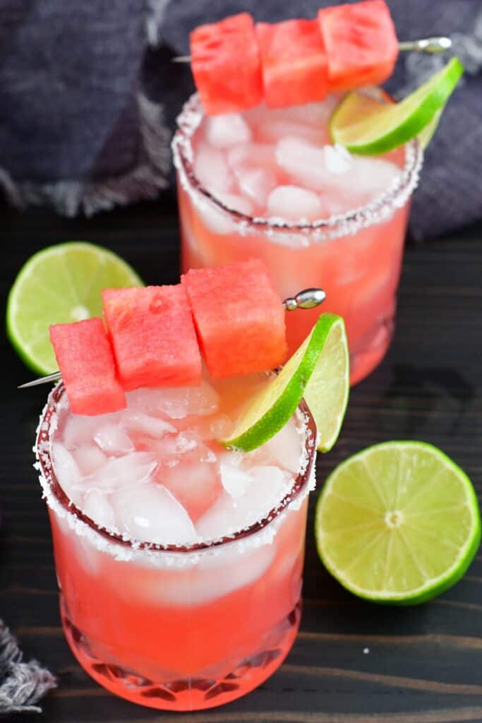 top view of two watermelon margarita cocktails