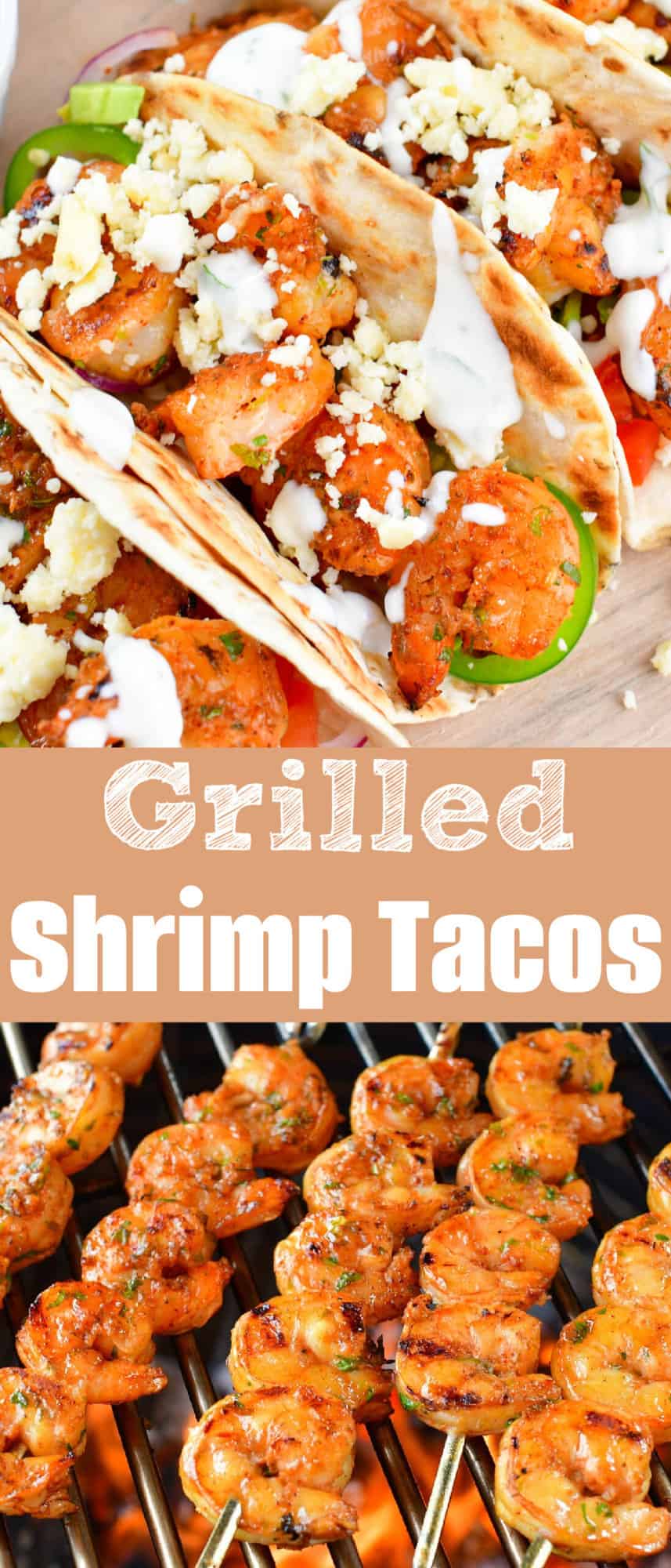 collage of two images of grilled tacos and shrimp on skewers