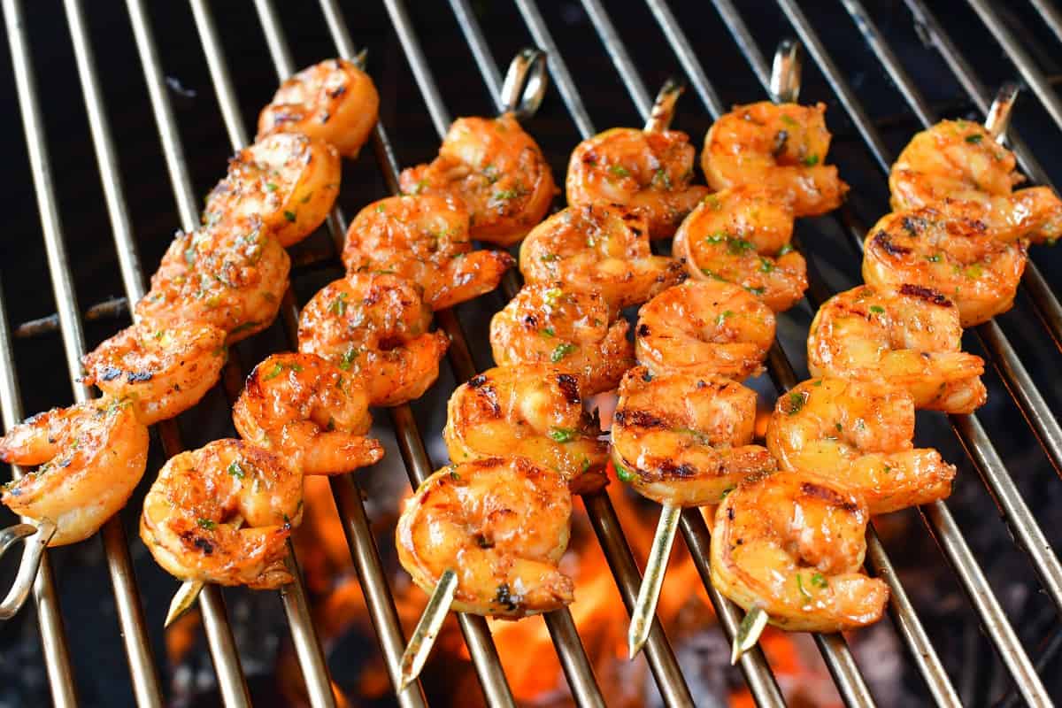 grilled shrimp on skewers on the grill