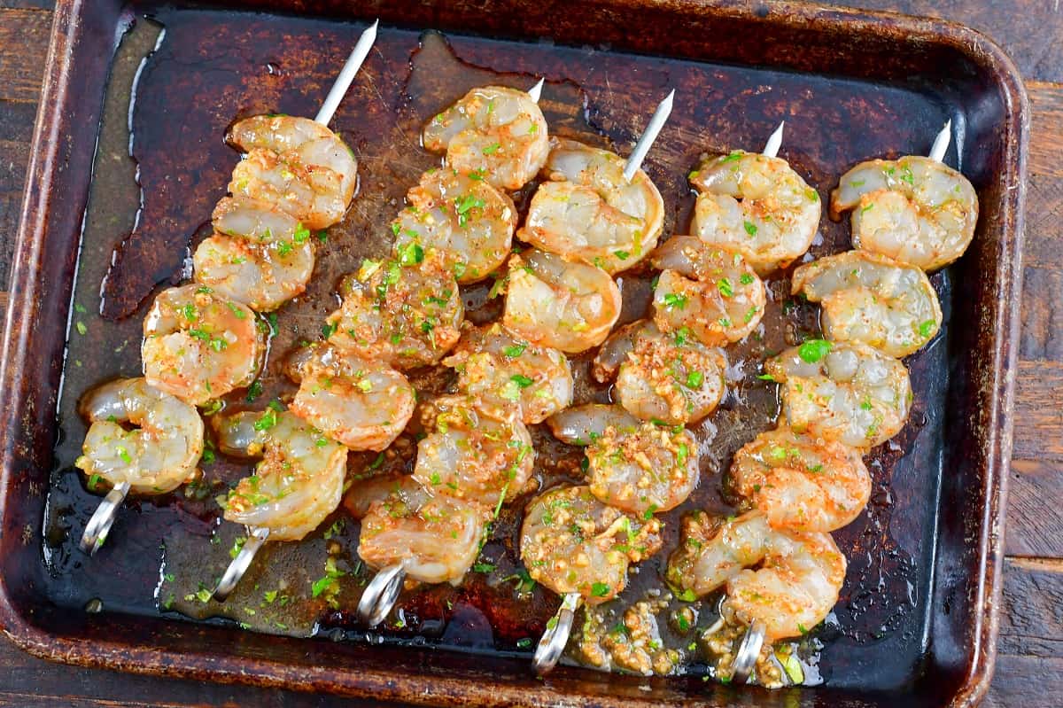 skewered marinated shrimp on the tray