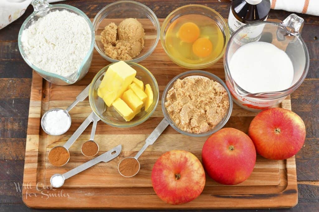 ingredients to make pancakes and apple topping