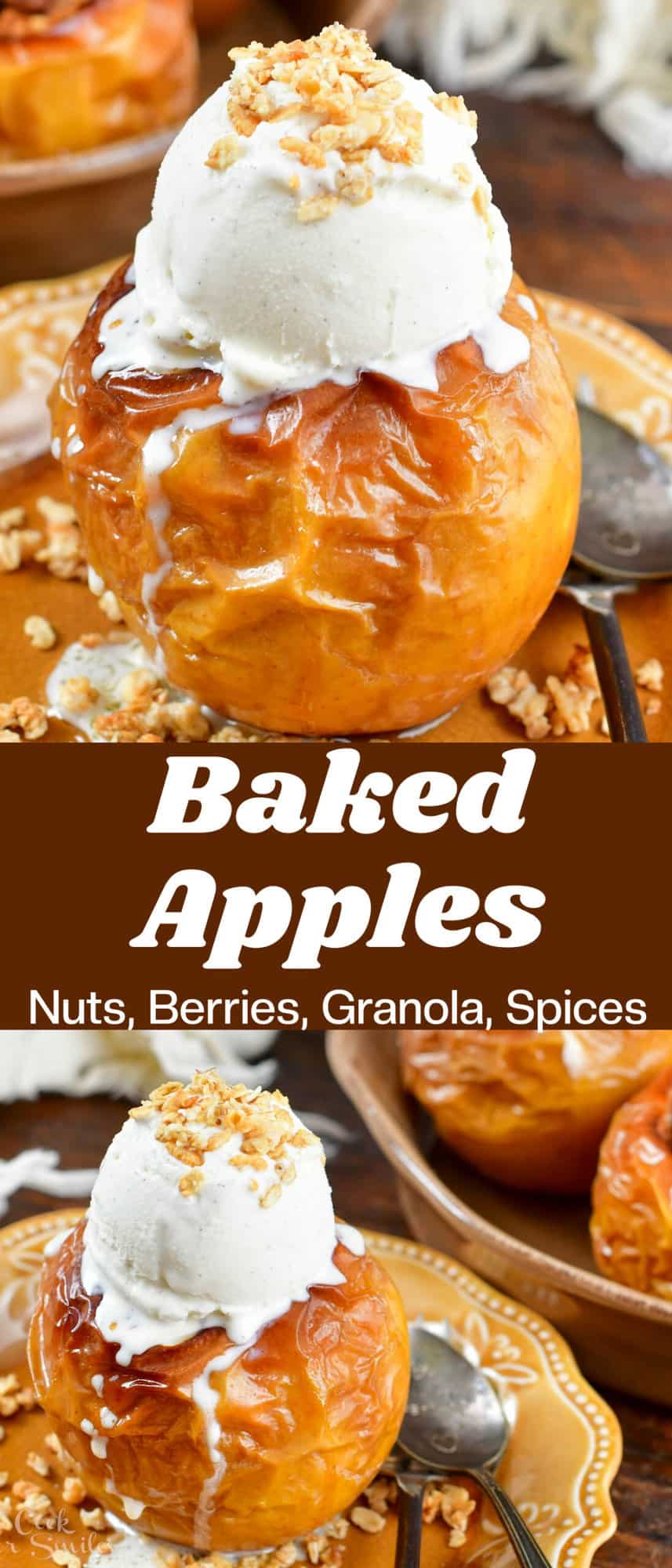 collage of baked apples with ice cream and granola with title