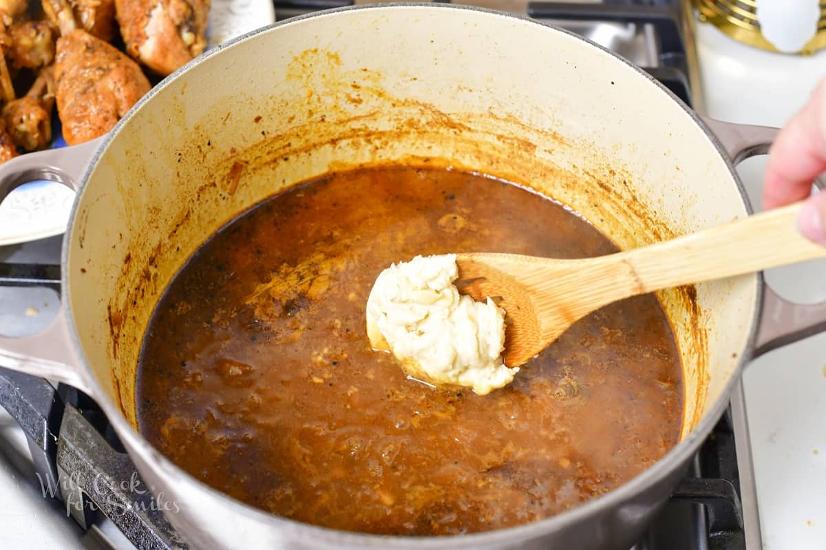 adding roux to the chicken paprika sauce