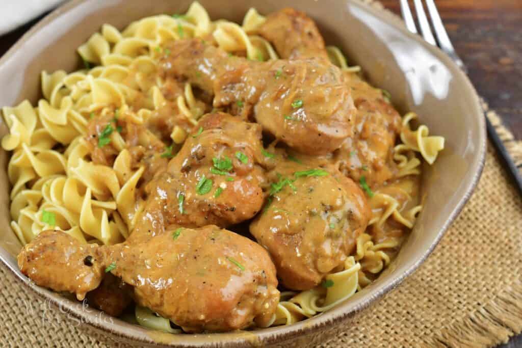 closeup of chicken paprikash over egg noodles in a bowl