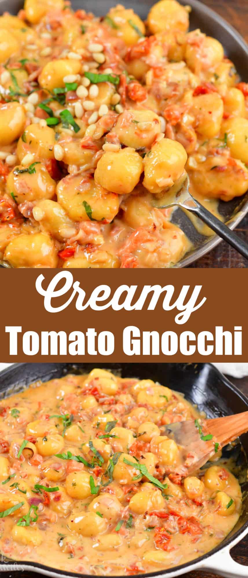 collage of two closeup images of cooked creamy tomato gnocchi