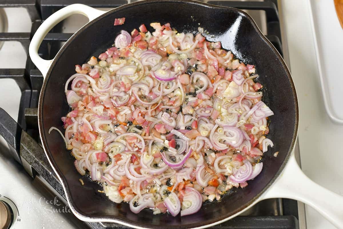sautéing pancetta with shallots in the pan