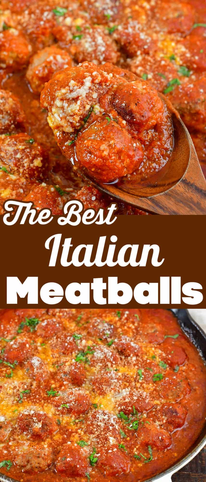 collage image of scooping out some meatballs and meatballs in a pan