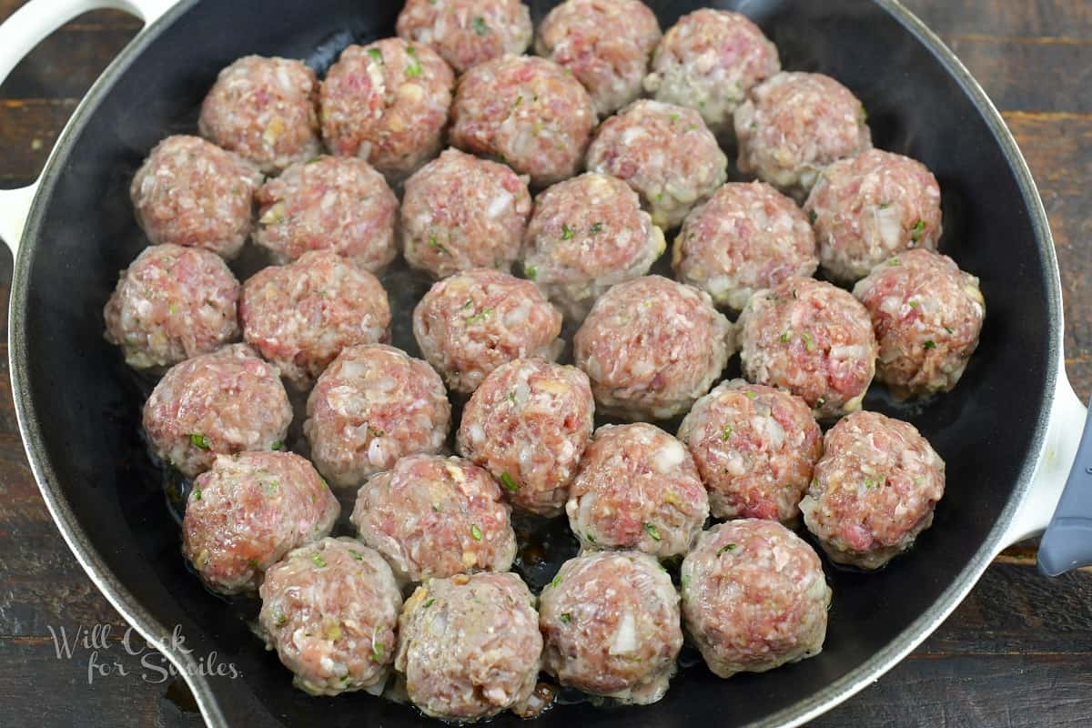 cooking rolled meatballs in the skillet