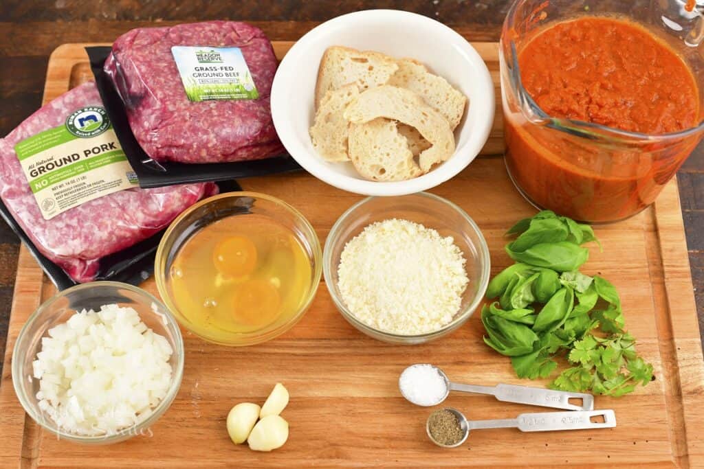ingredients for Italian meatballs in the board