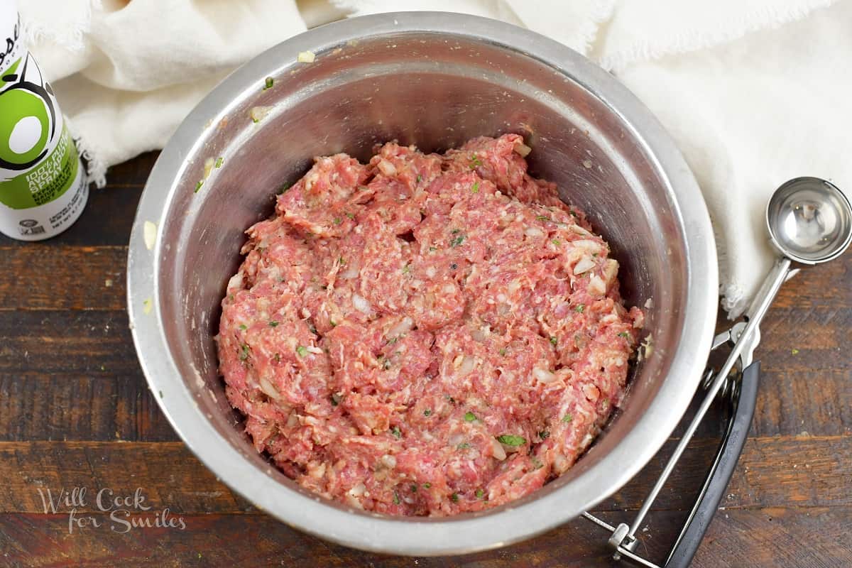 meat mixture for meatballs in a mixing bowl