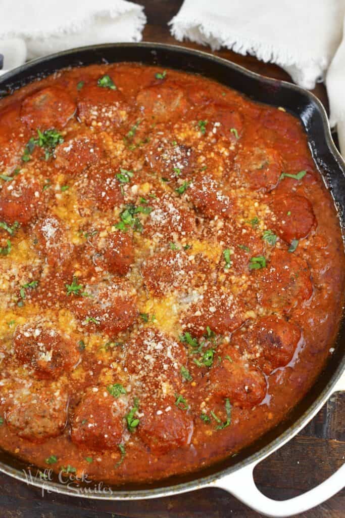 top view of meatballs in tomato sauce in a large pan