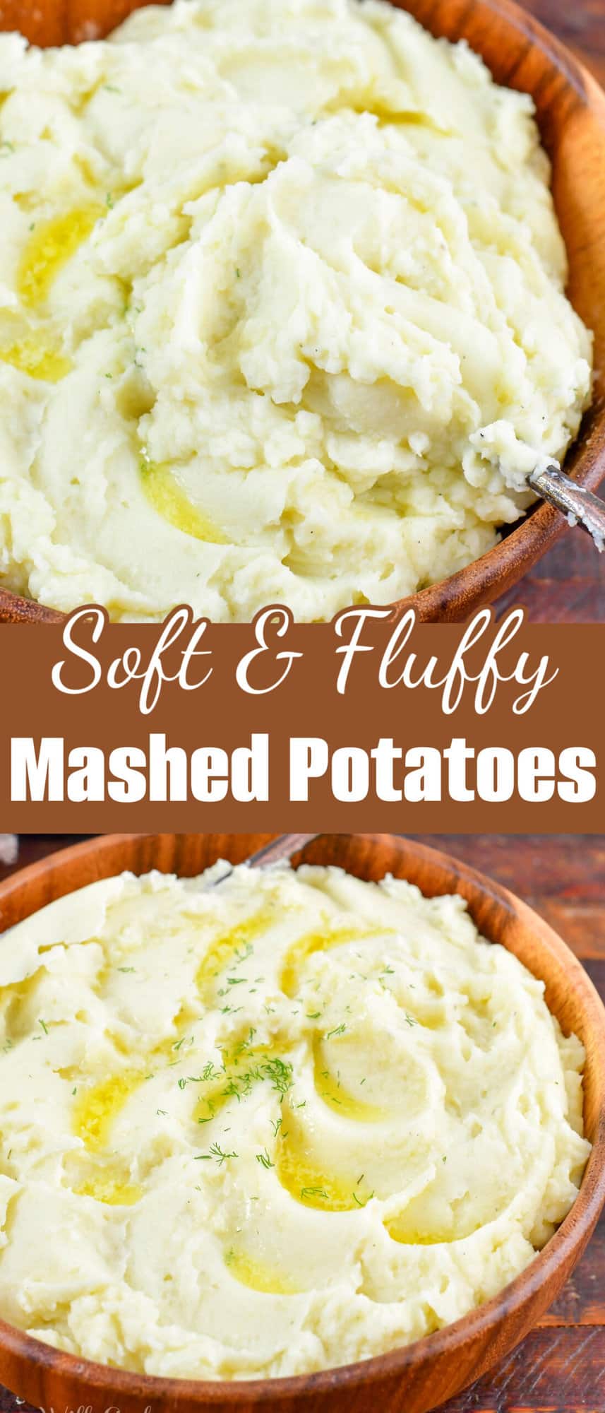 collage of two images of mashed potatoes in a wooden bowl.