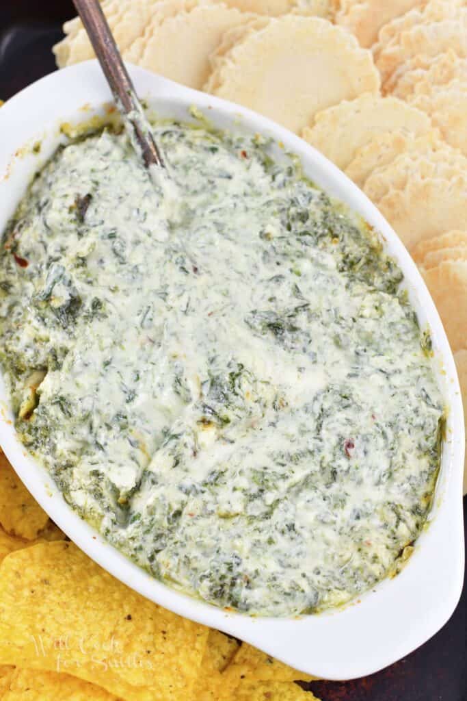 top view of the baked dip in the baking dish.