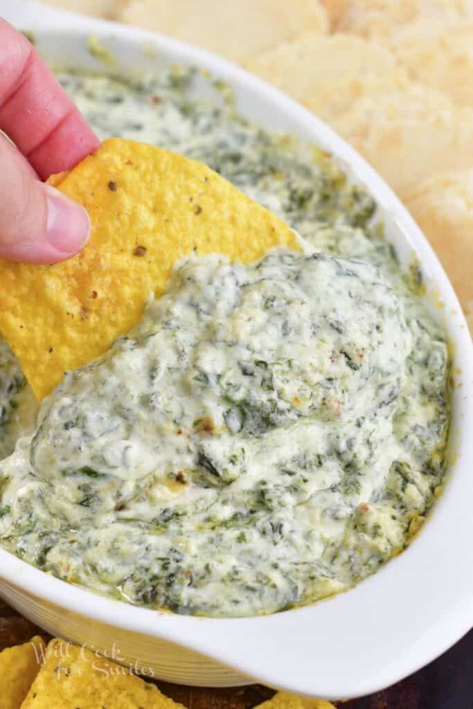 closeup of scooping spinach dip with a chip.