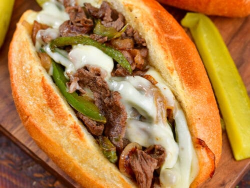 Homemade Philly cheesesteak sandwich close-up