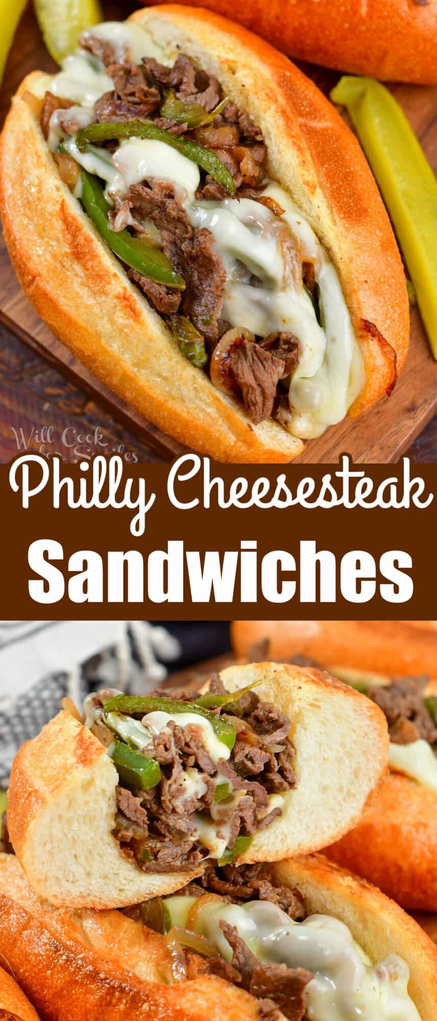 collage of two closeup images of cheesesteak and cut sandwich