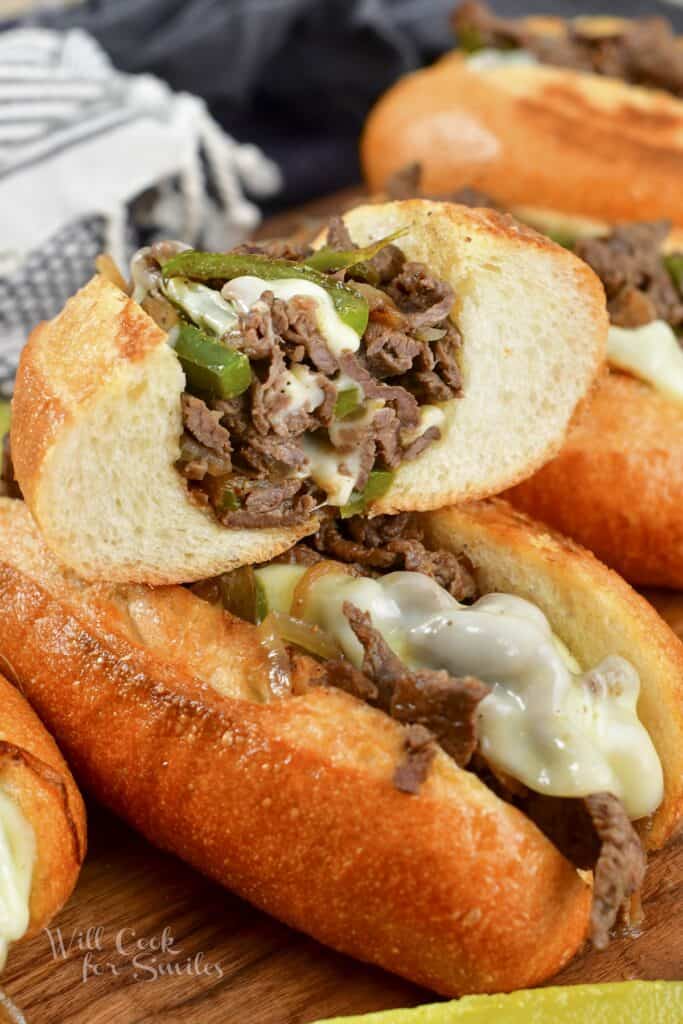 cut cheesesteak stacked on top of another