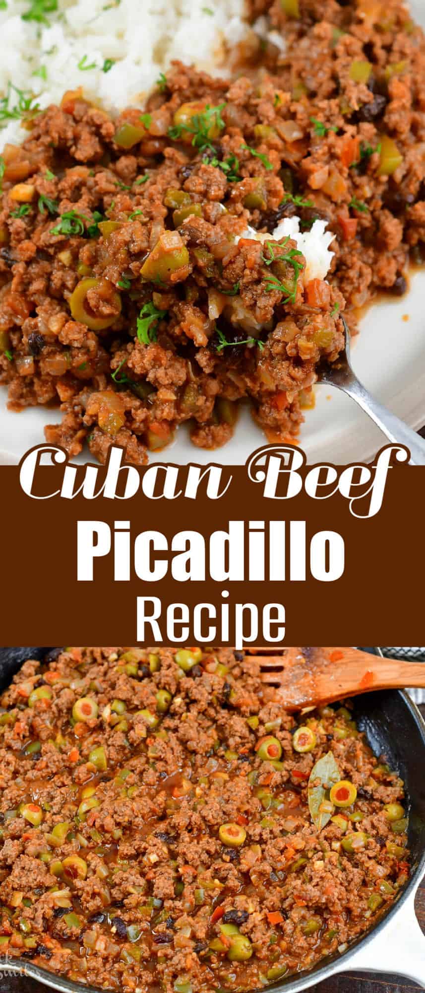 collage of ground beef picadillo with rice and in a pan