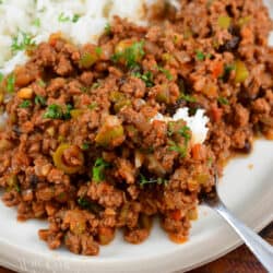closeup squared view of ground beef picadillo with rice