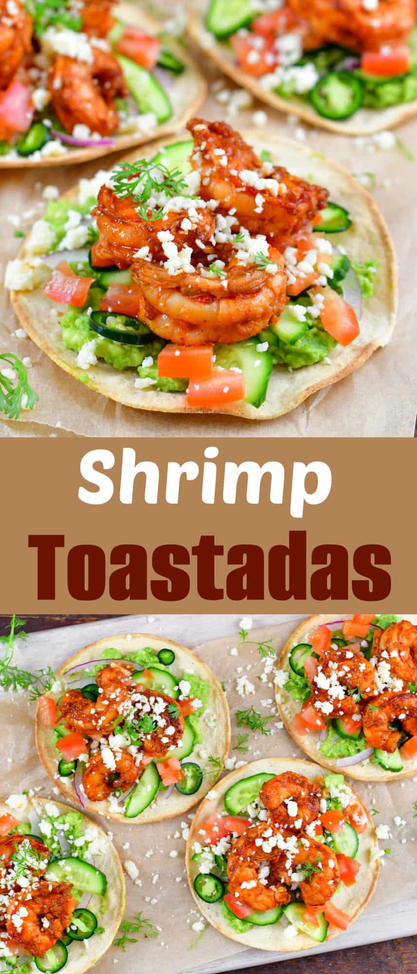 collage of two shrimp tostadas images close up and title