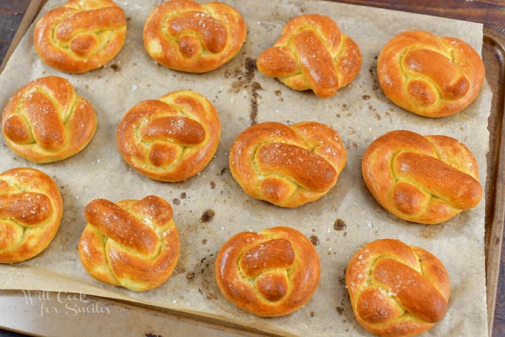 baked pretzels on the baking sheet.