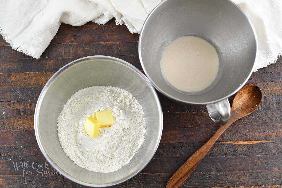 two bowls with flour and butter and blooming yeast.