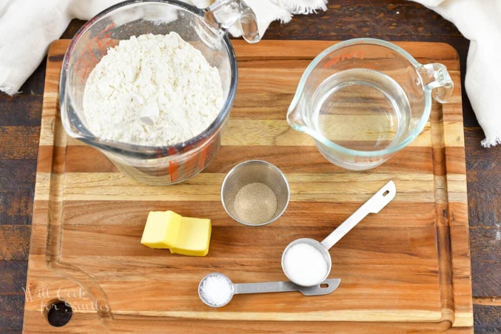 ingredients for soft pretzels on cutting board.